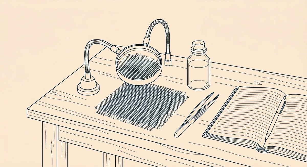 Table de laboratoire textile avec une loupe, un flacon d'échantillon et un carré de tissu