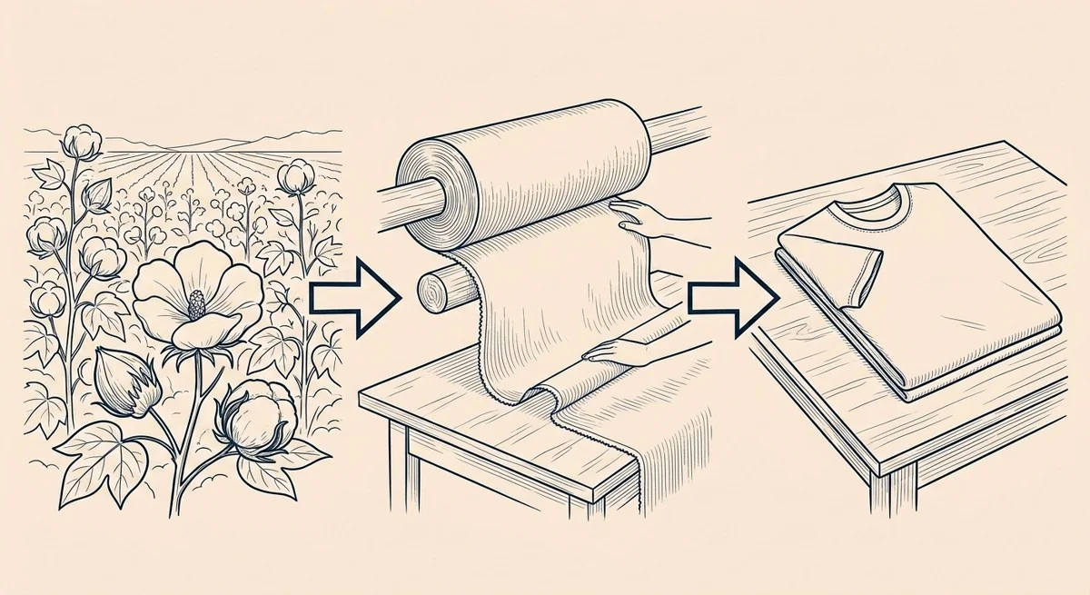 Trois étapes reliées par des flèches : un champ de coton, un rouleau de tissu déroulé, un vêtement plié