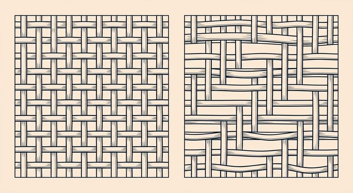 Deux tissus comparés à la loupe : une armure toile croisée et mate, une armure satin aux longs fils brillants