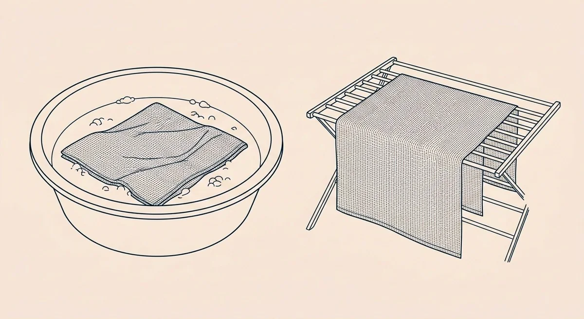 Coupon de coton qui trempe dans une bassine, puis étalé à plat à sécher sur un égouttoir