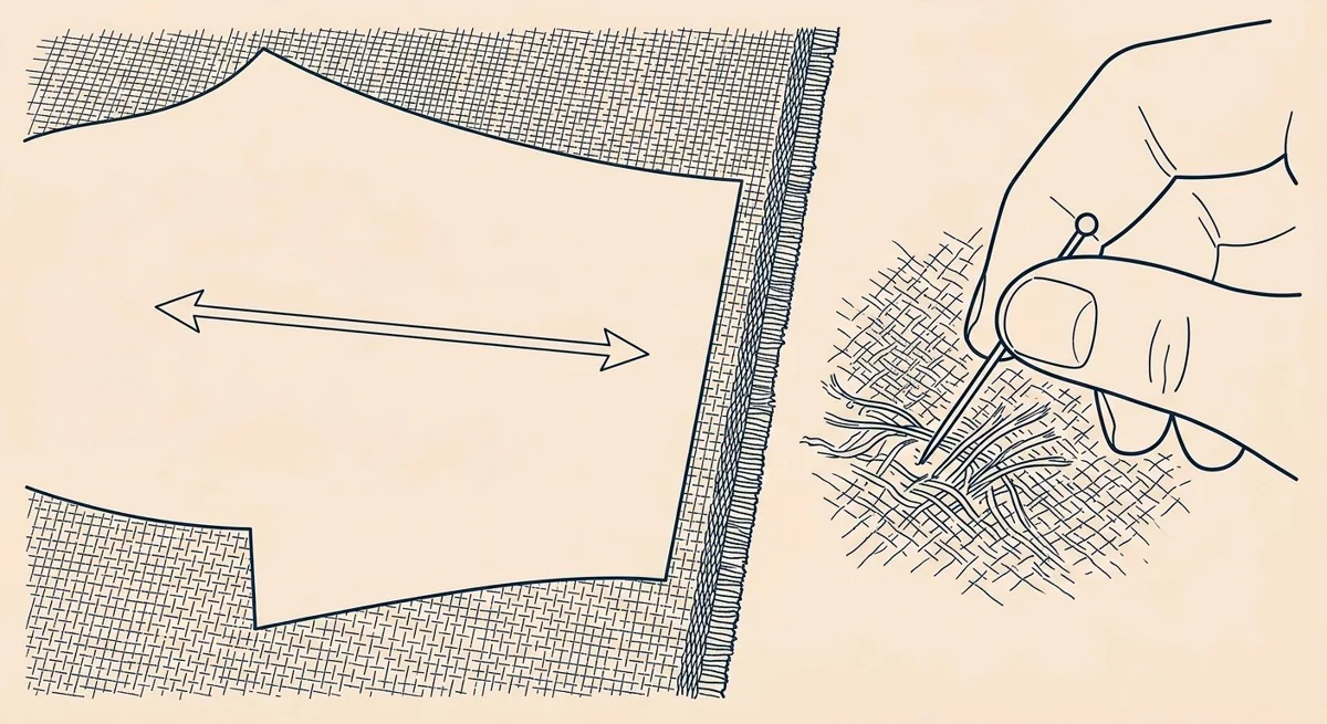 Pièce de patron, flèche double pointe parallèle à la lisière, épingle frottée sur le tissu