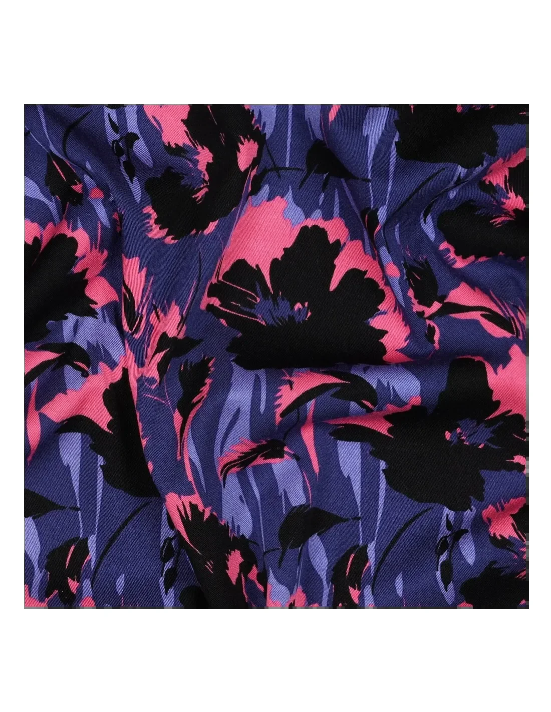 Twill de viscose stretch fleuri, bleu noir rose, tombé souple
