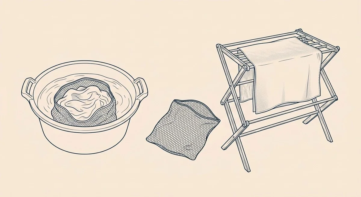Bassine d'eau contenant un filet à linge, filet posé, et tissu étalé à plat sur un séchoir