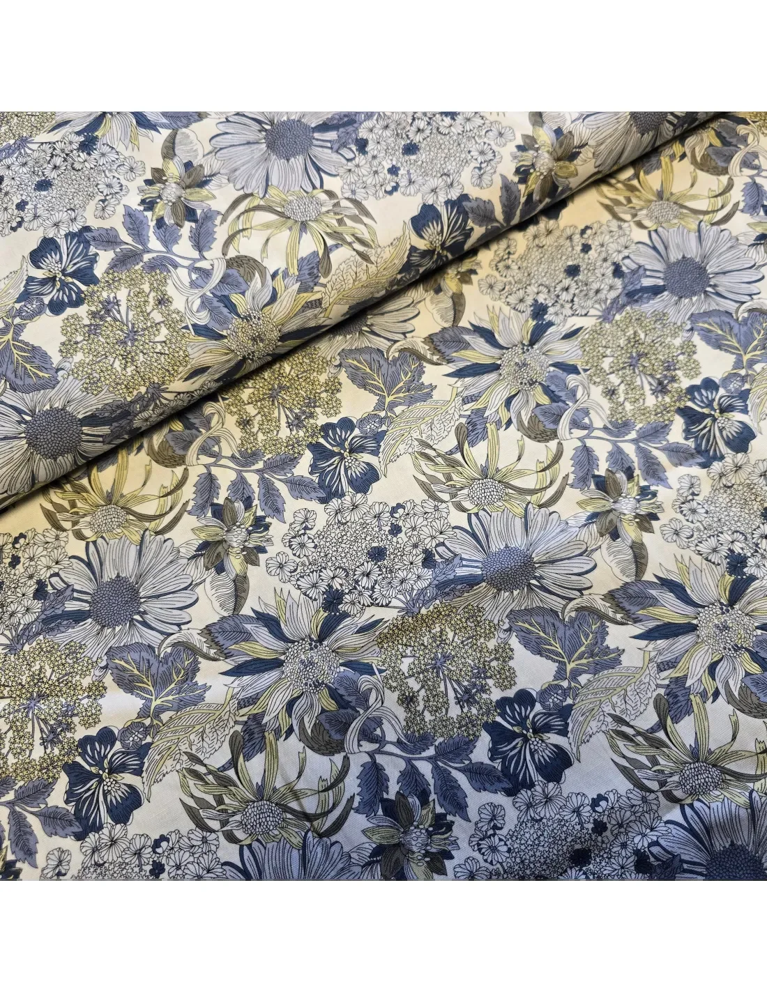 Tissu Tencel et lin imprimé de fleurs jaunes et bleues, tombé fluide