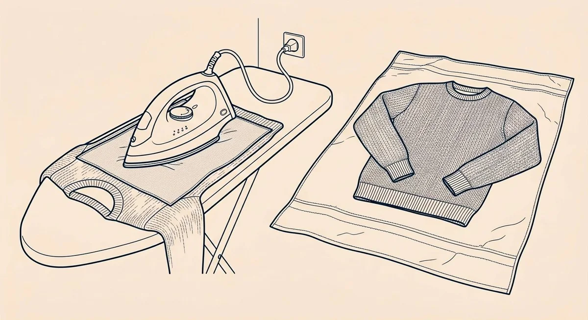 Un fer posé sur un linge intercalaire posé sur une maille, et un pull étalé à plat sur une serviette