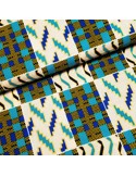 Tissu, Wax de Coton Motifs Ethniques, Vert Bleu Or, Laize 115 cm, 100% Coton