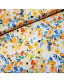 Tissu, Microfibre Satinée Fleurs, Jaunes et Bleus, Laize 145 cm, 97% Polyester 3% Elasthanne