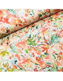 Tissu, Microfibre Satinée Floral Abstrait, Vert & Orange, Laize 145 cm, 97% Polyester 3% Élasthanne