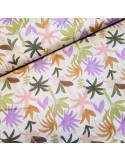 Tissu, Voile de Coton Impression Digitale, Feuilles de Palme Multicolores sur Blanc, Laize 150 cm, 100% Coton 112.5g/m²