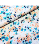 Tissu, Viscose Imprimée Fleurs Champêtres, Blanc Bleu Orange, Laize 145 cm, 100% Viscose 152g/m²