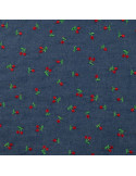 Tissu, Coton Chambray Cerises Brodé, Bleu Clair, Laize 140 cm, 100% Coton 140g/m²
