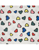 Tissu, Popeline de Coton Cœurs, Blanc Multicolore, Laize 150 cm, 100% Coton 100g/m²
