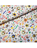 Tissu, Cretonne de Coton Motifs Vassily Multicolores, sur Fond Blanc, Laize 150 cm, 100% Coton 140g/m²