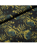 Tissu, French Terry, Feuilles Olive sur Fond Noir, Laize 150 cm, Coton Stretch Oeko-Tex