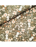 Tissu, Popeline de Coton Fleurie, Kaki, Laize 140 cm, 100% Coton 115g/m²