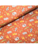 Tissu, Popeline de Coton Animaux de la Jungle, Terra Cotta, Laize 140 cm, 100% Coton 161g/ml