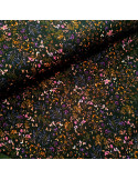 Tissu, French Terry Imprimé Fleurs, Fond Noir, Laize 145 cm, Coton Stretch Oeko-Tex