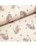Tissu, Jersey de Coton Imprimé Chevaux Fleuris, Beige Clair Scintillant, Laize 150 cm, Coton Stretch Oeko-Tex