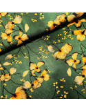 Tissu, Sergé de Viscose Fleuri, Jaune sur Vert, Laize 140 cm, 97% Viscose 3% Élasthanne 154g/ml