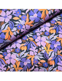 Tissu, French Terry Imprimé Floral, Fleurs sur Fond Marine, Laize 145 cm, Coton Stretch Oeko-Tex
