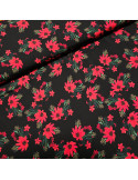 Tissu, Viscose Imprimée Fleuri, Rouge sur Noir, Laize 145 cm, 100% Viscose 108g/m²