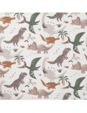 Tissu, French Terry Dinosaures, Multicolore sur Blanc, Laize 145 cm, Coton Stretch Oeko-Tex