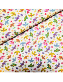 Tissu, Cretonne de Coton, Oiseaux Colorés sur Fond Blanc, Laize 150 cm, 100% Coton 140g/m²