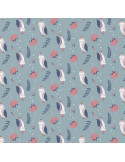 Tissu, Cretonne de Coton Chouettes Fantaisie, Mauve et Bleu Canard, Laize 150 cm, 100% Coton 115g/m²