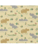Tissu, Cretonne de Coton, Hippopotames Jaunes, Laize 150 cm, 100% Coton