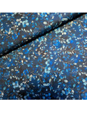 Tissu, Popeline de Coton Impression Digitale, Feuilles et Fleurs Bleues, Laize 150 cm, 100% Coton 108.5g/m²