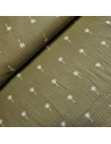 Tissu, Double Gaze Brodée Palmiers, Kaki, Laize 133 cm, 100% Coton 182g/m²