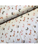 Tissu, Double Gaze, Papillons et Fleurs des Champs sur Fond Blanc, Laize 133 cm, 100% Coton 153g/ml