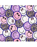 Tissu, French Terry Imprimé Smileys Léopards, Violets Funky, Laize 150 cm, Coton Stretch Doux