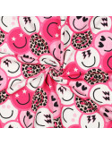 Tissu, French Terry Imprimé Smileys Léopard, Rose Funky, Laize 150 cm, Coton Stretch