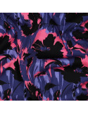 Tissu, Twill de Viscose Stretch Fleuri, Bleu Noir Rose, Laize 140 cm, 97% Viscose 3% Elasthanne 180g/m²