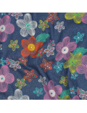Tissu, Chambray de Coton Fleuri, Bleu Chiné Multicolore, Laize 145 cm, 100% Coton 125g/m²