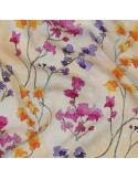 Tissu, Impression Digitale Fleurie, Roses Mauves Oranges sur Fond Jaune Clair, Laize 140 cm, 100% Viscose 110g/m²