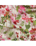 Tissu, Satin de Viscose Fleuri, Vert Kaki et Rose, Laize 140 cm, 100% Viscose 120g/m²
