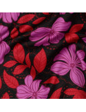 Tissu, Satin de Coton Imprimé, Fleurs Mauves et Rouges sur Fond Noir, Laize 148 cm, 100% Coton 115g/m²
