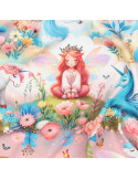 Tissu, Jersey de Coton Imprimé Licornes Féeriques, Bleu et Rose Pastel, Laize 140 cm, Coton Stretch