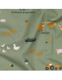 Tissu, Popeline de Coton Motif Ferme, Vert Tendre, Laize 150 cm, 100% Coton 135g/m²