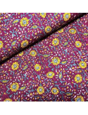 Tissu, Voile de Coton Fleuri Lurex, Jaune Bleu sur Violet, Laize 110 cm, 100% Coton 90g/m²