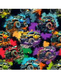 Tissu, French Terry Imprimé Monster Trucks, Multicolore sur Fond Noir, Laize 150 cm, Coton Polyester