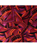 Tissu, Satin de Viscose Graphique Rétro, Multicolore sur Noir, Laize 140 cm, 100% Viscose 170g/m²