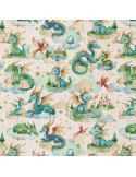 Tissu, Popeline de Coton Impression Digitale, Dragons Multicolore, Laize 150 cm, 100% Coton 115g/m²