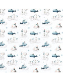 Tissu, Popeline de Coton Impression Digitale Baleine, Multicolore sur Blanc, Laize 140 cm, 100% Coton Oeko-Tex
