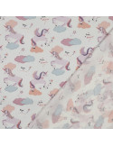 Tissu, Popeline de Coton Licornes et Nuages, Blanc Rose Gris Jaune, Laize 148 cm, 100% Coton 110g/m²