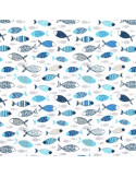 Tissu, Coton Enduit Banc de Poissons, Bleu Denim, Laize 140 cm, 87% Coton 145g/m²