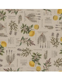 Tissu, Demi-Natté Imprimé Citrons et Lavande, Jaune Violet sur Écru, Laize 140 cm, 80% Coton 20% Polyester 205g/m²