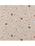Tissu, Demi-Natté Motif Poules, Écru Naturel, Laize 140 cm, Bachette Coton Polyester 205g/m²